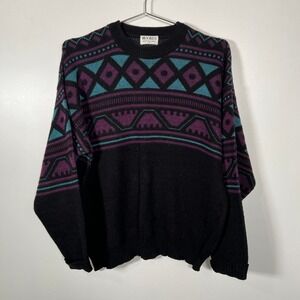 Vintage Grandpa Sweater 90s Black Geometric Aztec‎ Moores Canada Large Mens